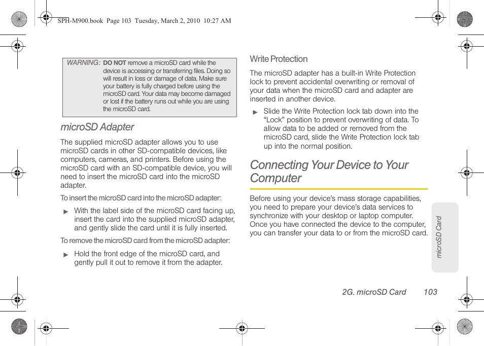 Microsd adapter, Connecting your device to your computer | Samsung SPH-M900ZKASPR User Manual | Page 115 / 218