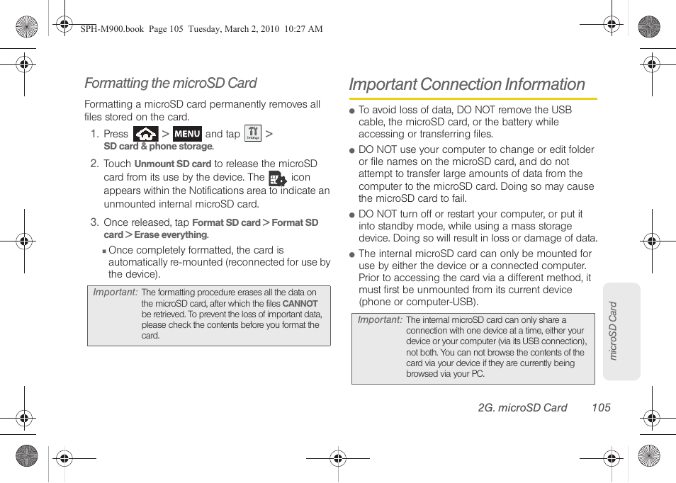 Formatting the microsd card, Important connection information | Samsung SPH-M900ZKASPR User Manual | Page 117 / 218