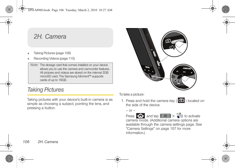 2h. camera, Taking pictures | Samsung SPH-M900ZKASPR User Manual | Page 118 / 218