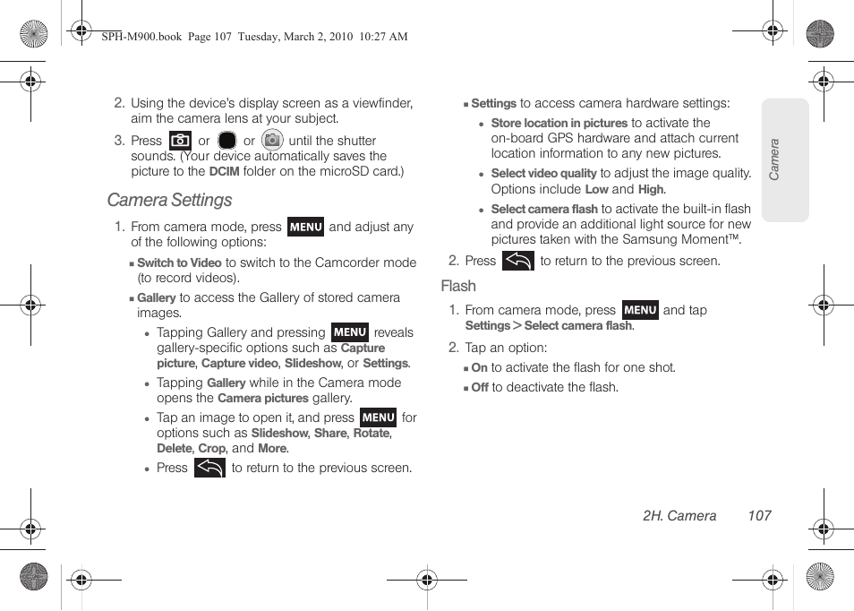 Camera settings | Samsung SPH-M900ZKASPR User Manual | Page 119 / 218