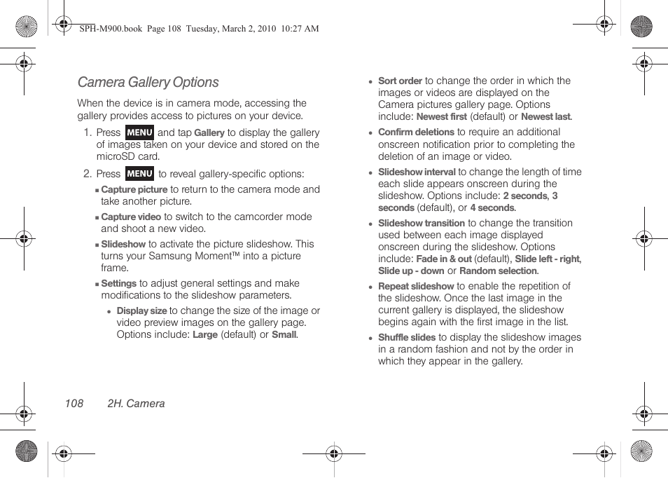 Camera gallery options | Samsung SPH-M900ZKASPR User Manual | Page 120 / 218
