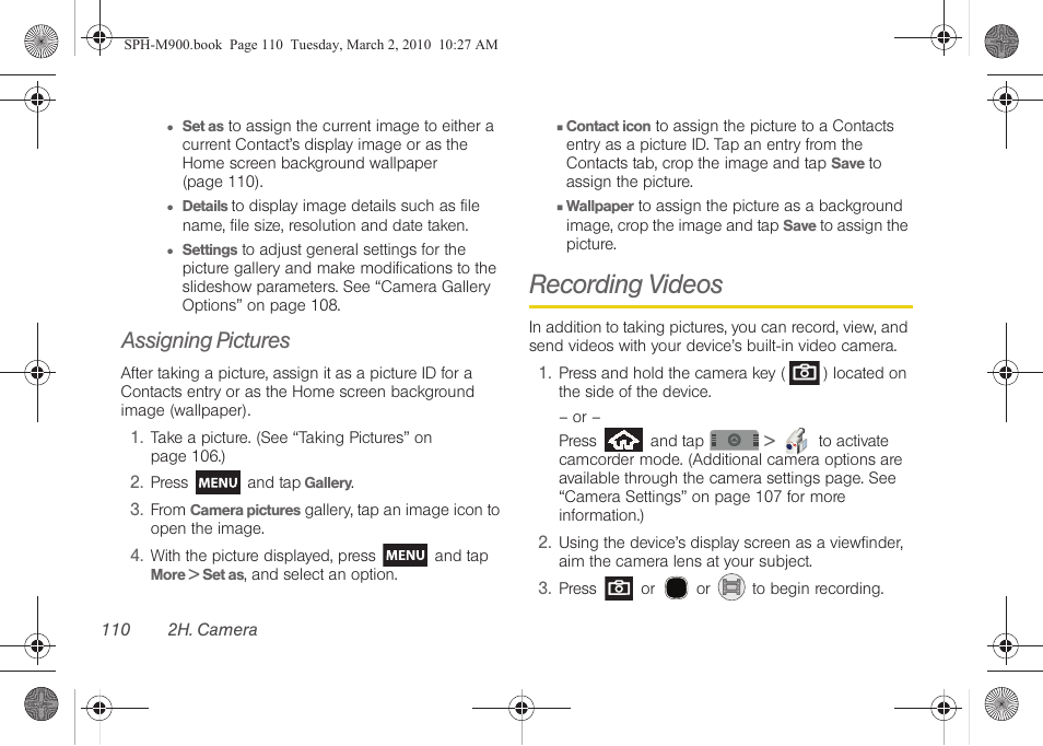 Assigning pictures, Recording videos | Samsung SPH-M900ZKASPR User Manual | Page 122 / 218