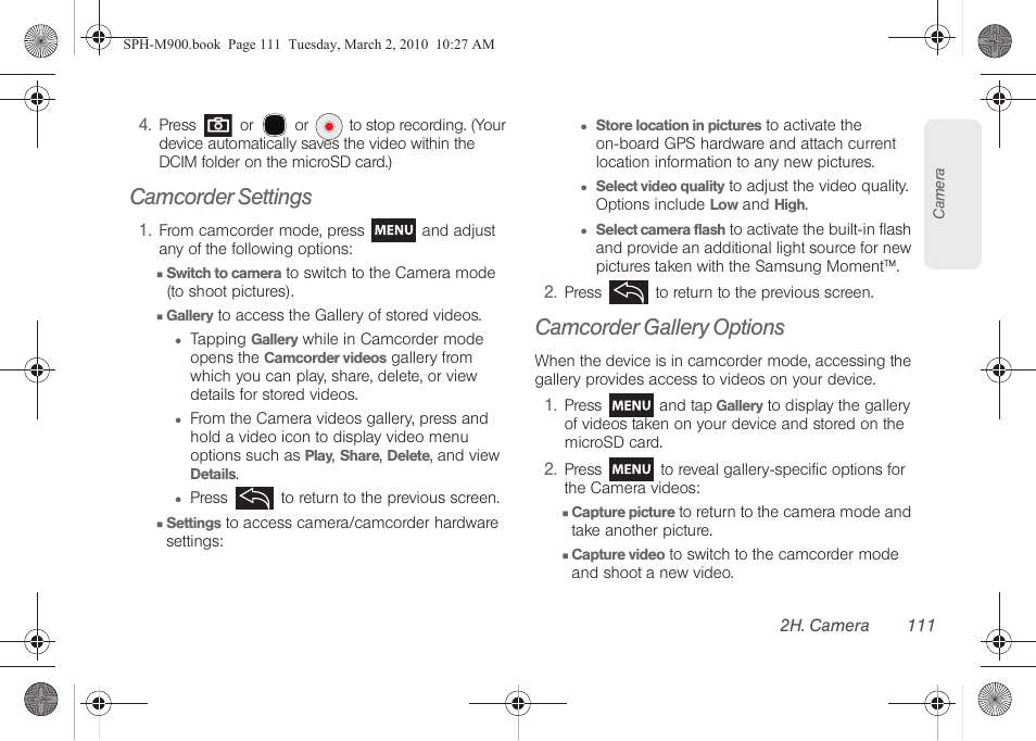 Camcorder settings, Camcorder gallery options | Samsung SPH-M900ZKASPR User Manual | Page 123 / 218