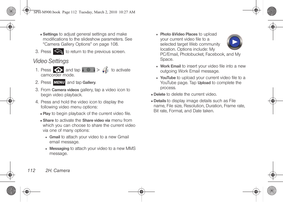 Video settings | Samsung SPH-M900ZKASPR User Manual | Page 124 / 218