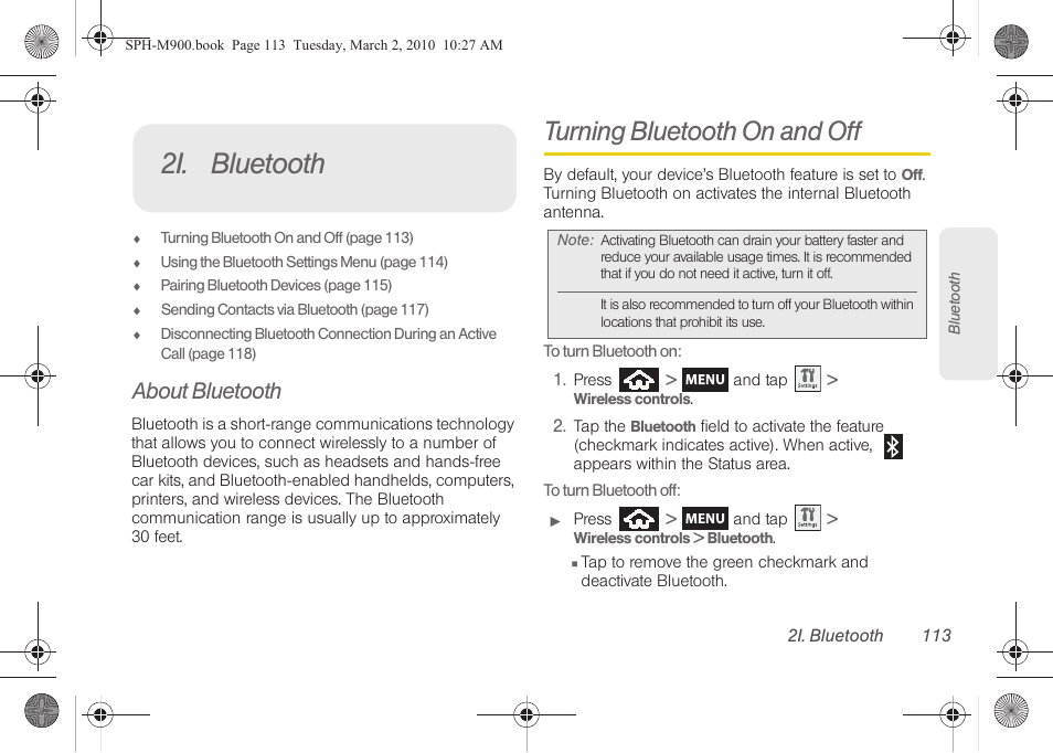 2i. bluetooth, About bluetooth, Turning bluetooth on and off | Bluetooth | Samsung SPH-M900ZKASPR User Manual | Page 125 / 218