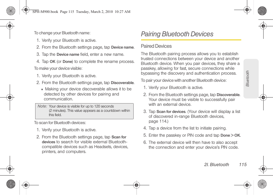 Pairing bluetooth devices | Samsung SPH-M900ZKASPR User Manual | Page 127 / 218