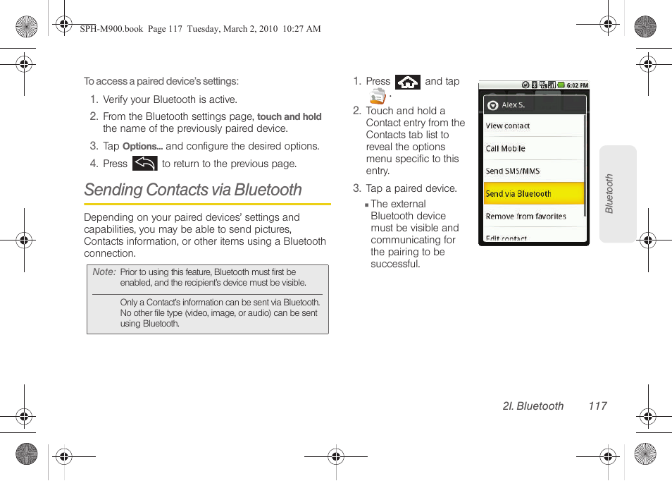 Sending contacts via bluetooth | Samsung SPH-M900ZKASPR User Manual | Page 129 / 218