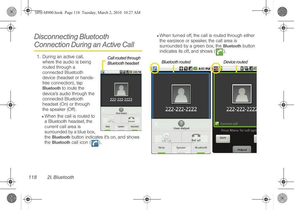 Disconnecting bluetooth connection, During an active call | Samsung SPH-M900ZKASPR User Manual | Page 130 / 218