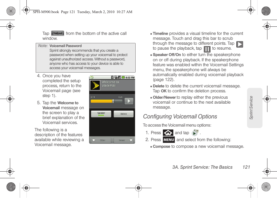 Configuring voicemail options | Samsung SPH-M900ZKASPR User Manual | Page 133 / 218