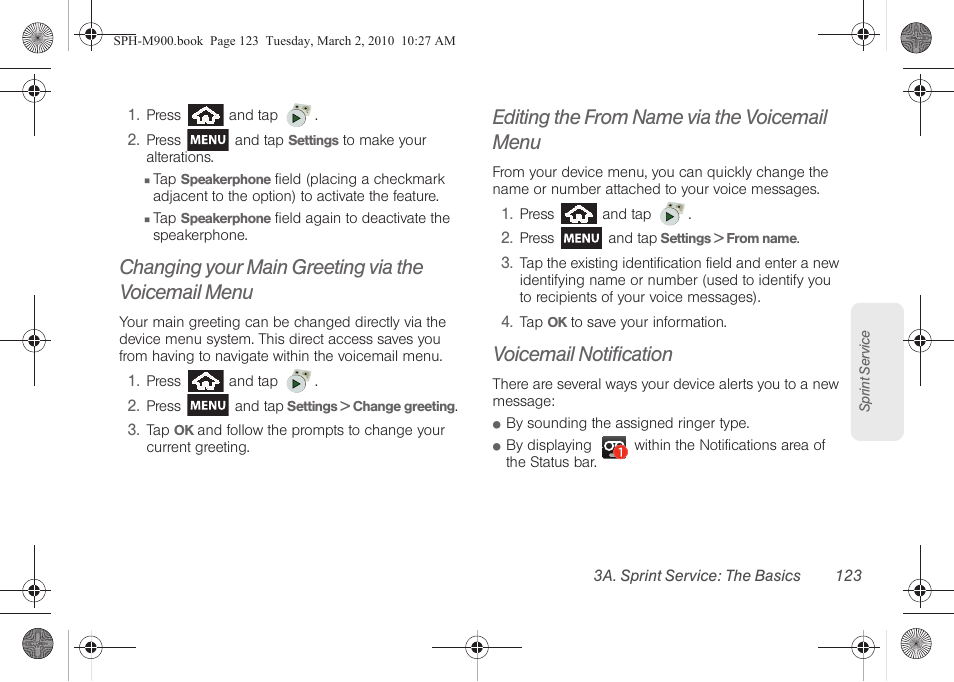 Changing your main greeting via the voicemail menu, Editing the from name via the voicemail menu, Voicemail notification | Samsung SPH-M900ZKASPR User Manual | Page 135 / 218