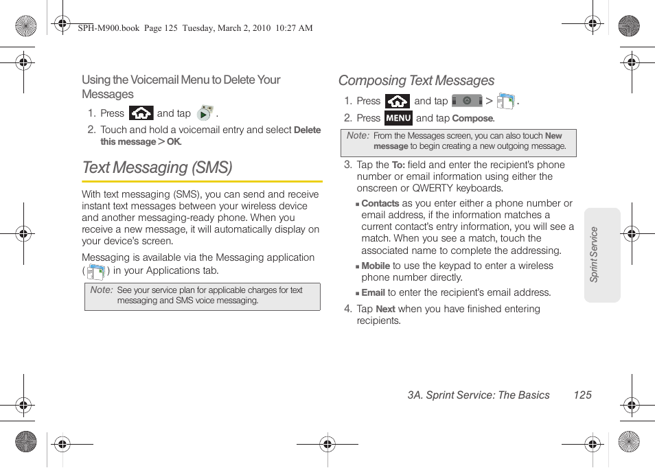 Text messaging (sms), Composing text messages | Samsung SPH-M900ZKASPR User Manual | Page 137 / 218