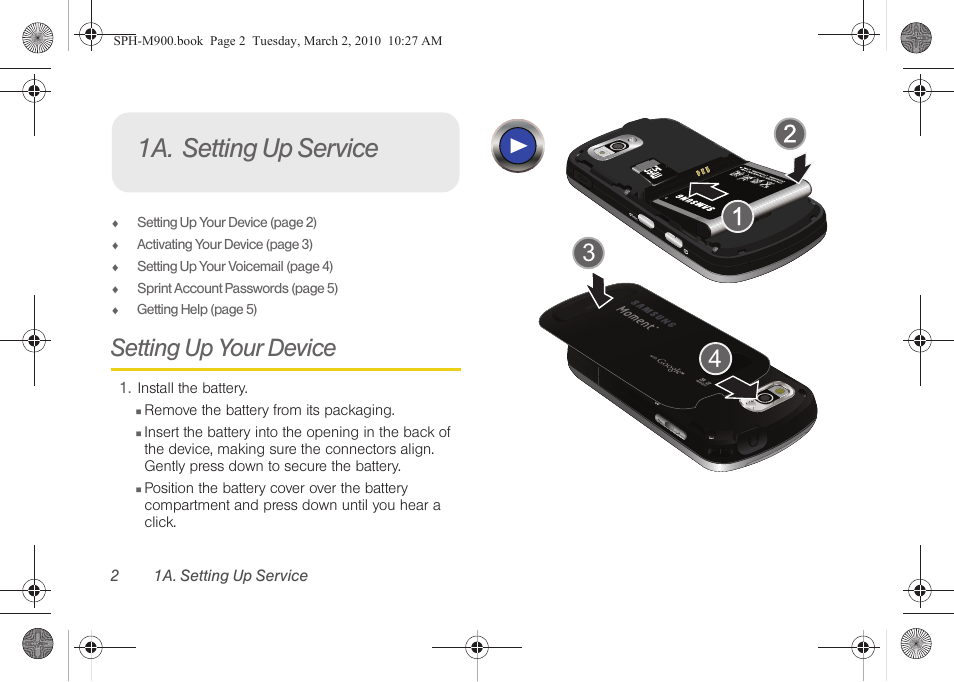 1a. setting up service, Setting up your device | Samsung SPH-M900ZKASPR User Manual | Page 14 / 218