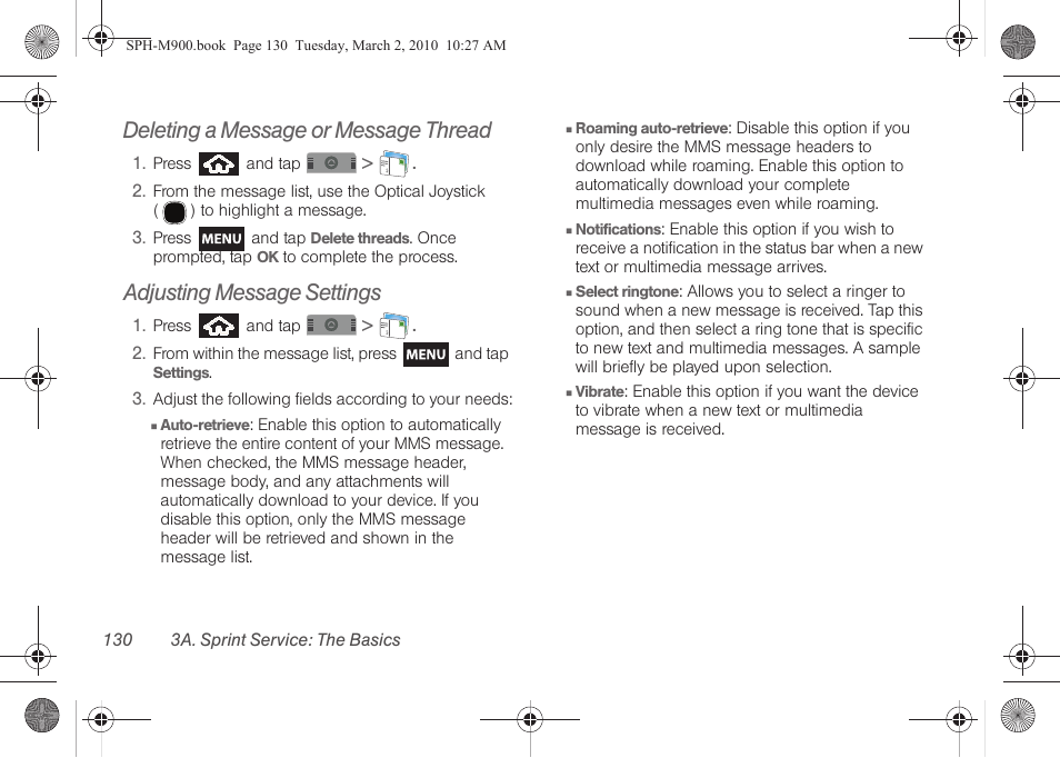 Deleting a message or message thread, Adjusting message settings | Samsung SPH-M900ZKASPR User Manual | Page 142 / 218