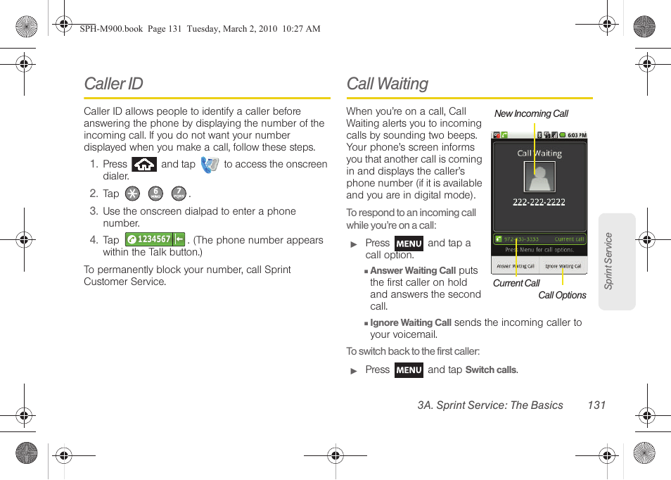Caller id, Call waiting | Samsung SPH-M900ZKASPR User Manual | Page 143 / 218