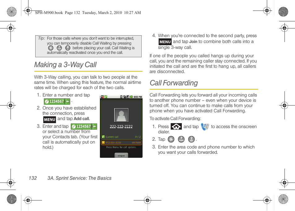 Making a 3-way call, Call forwarding | Samsung SPH-M900ZKASPR User Manual | Page 144 / 218