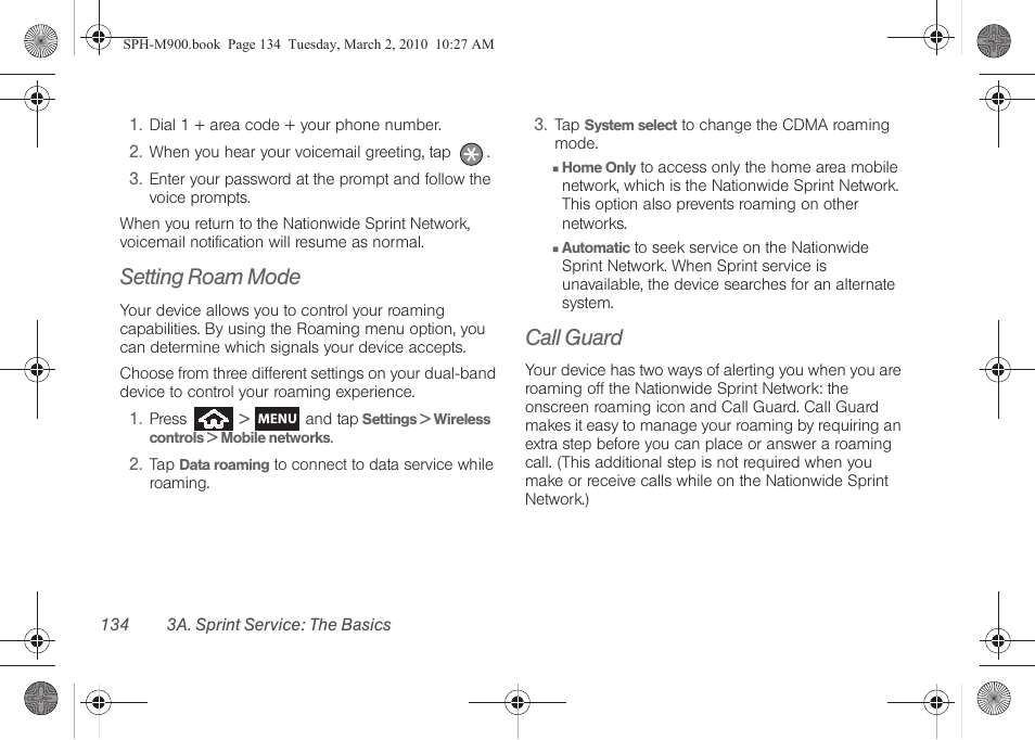 Setting roam mode, Call guard | Samsung SPH-M900ZKASPR User Manual | Page 146 / 218