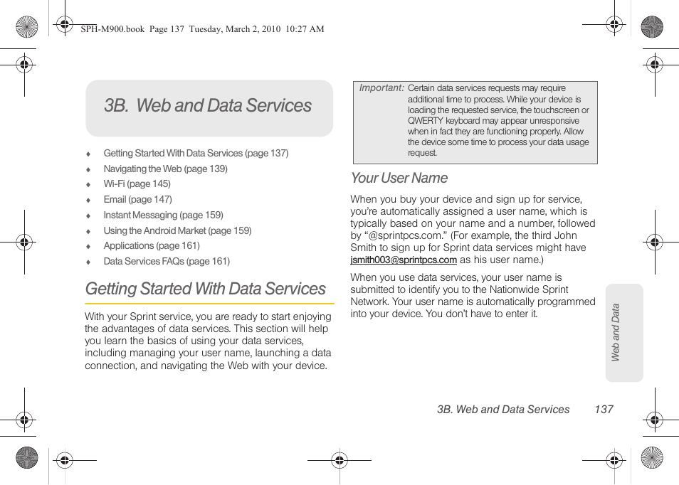 3b. web and data services, Getting started with data services, Your user name | Samsung SPH-M900ZKASPR User Manual | Page 149 / 218