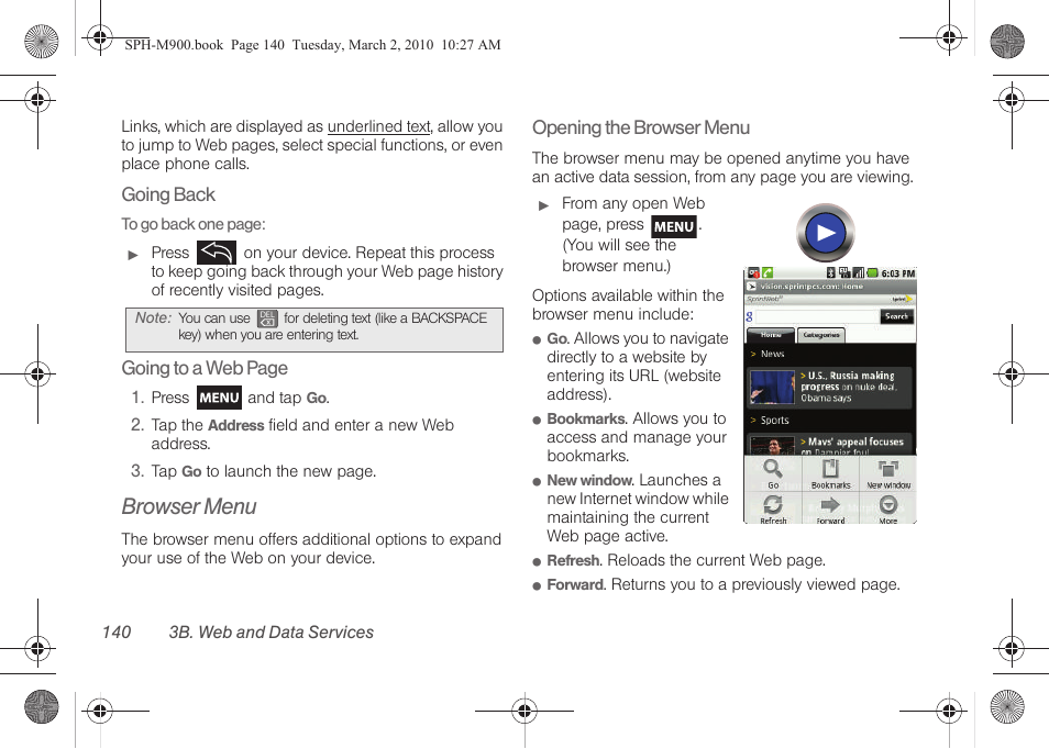 Browser menu | Samsung SPH-M900ZKASPR User Manual | Page 152 / 218