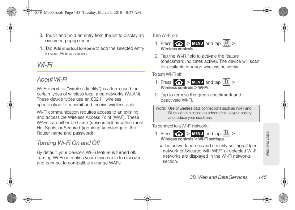 Wi-fi, About wi-fi, Turning wi-fi on and off | Samsung SPH-M900ZKASPR User Manual | Page 157 / 218