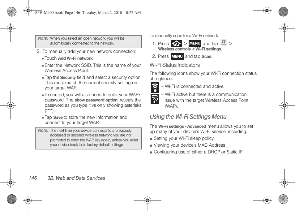 Using the wi-fi settings menu | Samsung SPH-M900ZKASPR User Manual | Page 158 / 218
