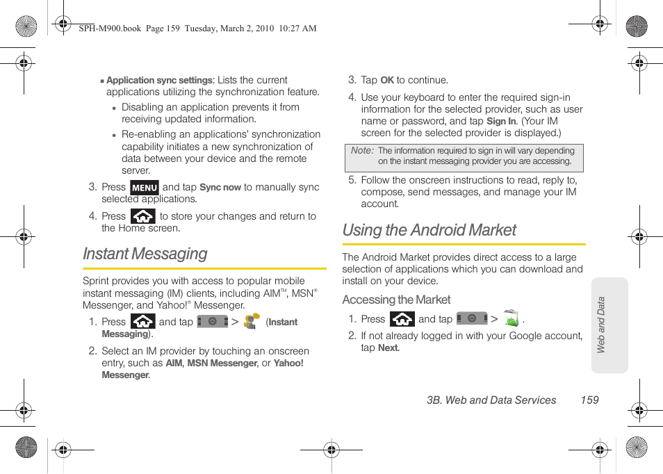 Instant messaging, Using the android market | Samsung SPH-M900ZKASPR User Manual | Page 171 / 218