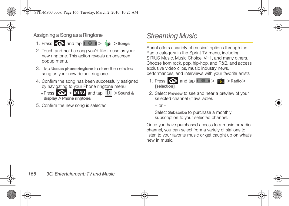 Streaming music | Samsung SPH-M900ZKASPR User Manual | Page 178 / 218