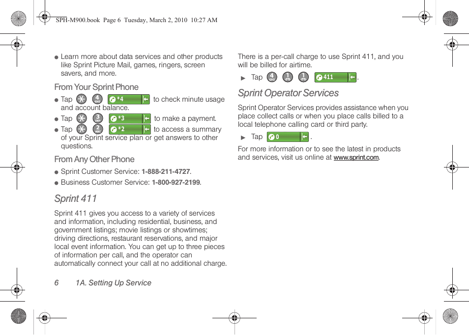 Sprint 411, Sprint operator services | Samsung SPH-M900ZKASPR User Manual | Page 18 / 218