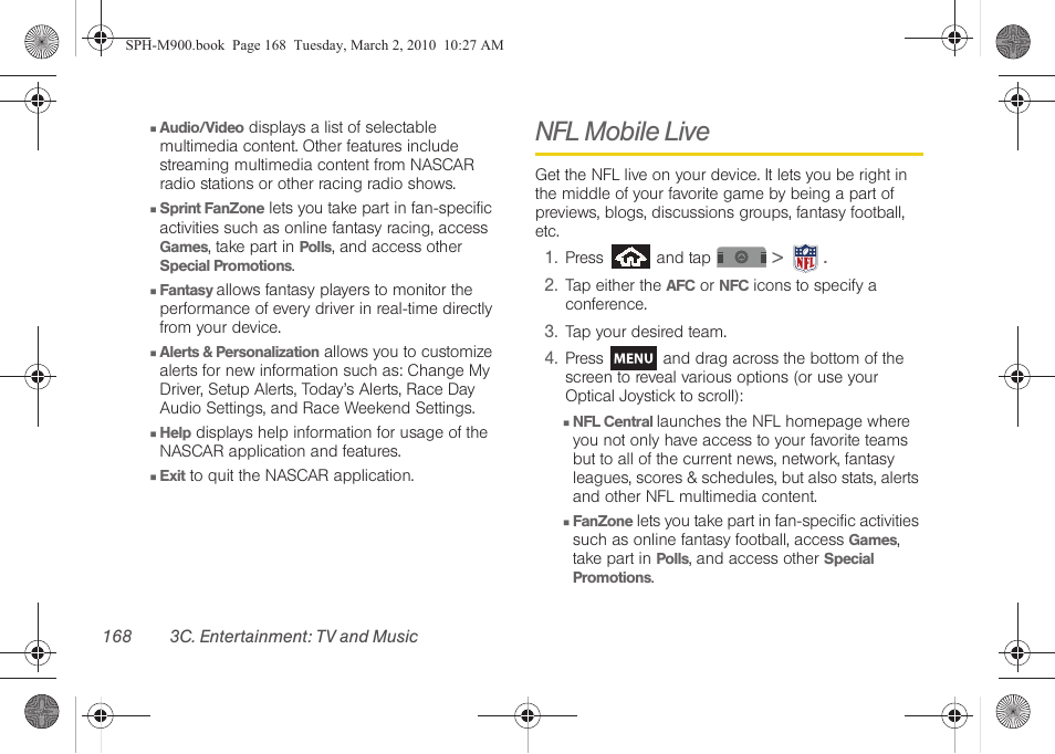 Nfl mobile live | Samsung SPH-M900ZKASPR User Manual | Page 180 / 218