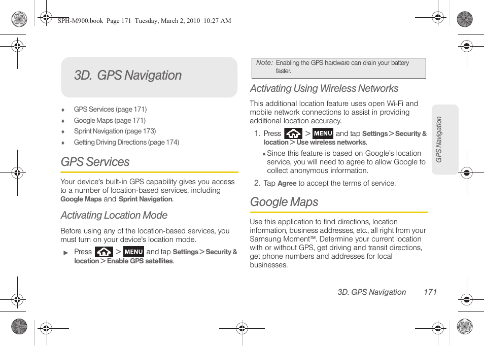 3d. gps navigation, Gps services, Activating location mode | Activating using wireless networks, Google maps | Samsung SPH-M900ZKASPR User Manual | Page 183 / 218