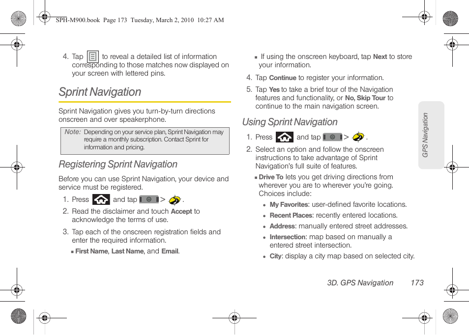 Sprint navigation, Registering sprint navigation, Using sprint navigation | Samsung SPH-M900ZKASPR User Manual | Page 185 / 218