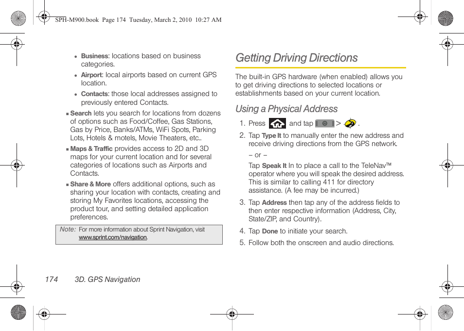 Getting driving directions, Using a physical address | Samsung SPH-M900ZKASPR User Manual | Page 186 / 218