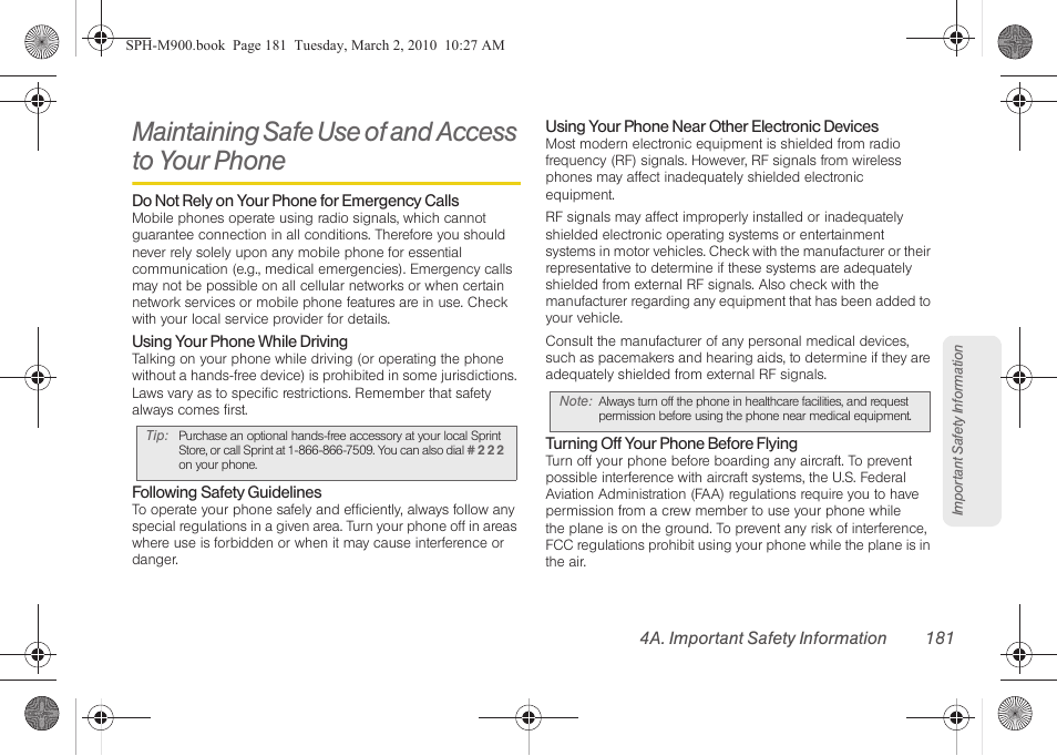 Maintaining safe use of and access to your phone, Maintaining safe use of and access to, Your phone | Samsung SPH-M900ZKASPR User Manual | Page 193 / 218