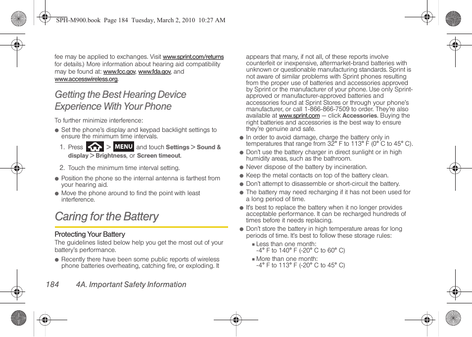 Caring for the battery, 184 4a. important safety information | Samsung SPH-M900ZKASPR User Manual | Page 196 / 218