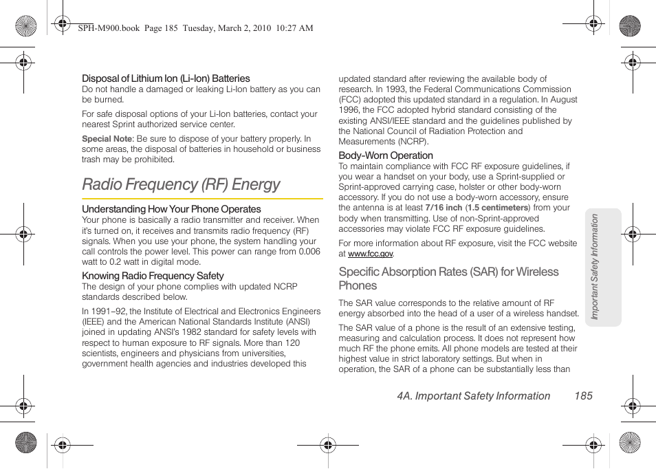 Radio frequency (rf) energy | Samsung SPH-M900ZKASPR User Manual | Page 197 / 218