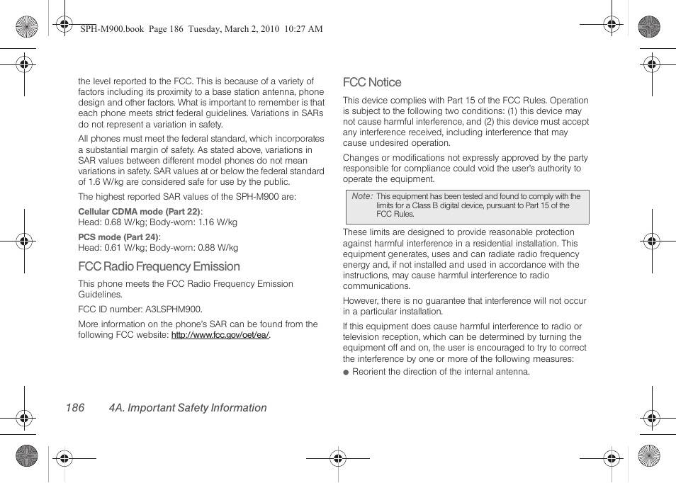 Fcc radio frequency emission, Fcc notice | Samsung SPH-M900ZKASPR User Manual | Page 198 / 218