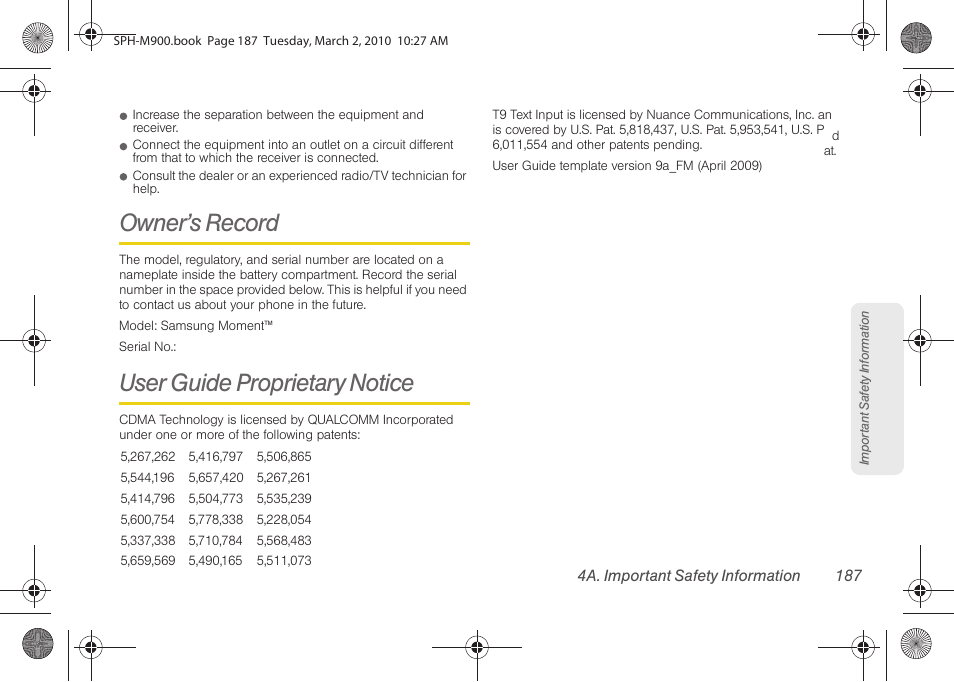 Owner’s record, User guide proprietary notice | Samsung SPH-M900ZKASPR User Manual | Page 199 / 218