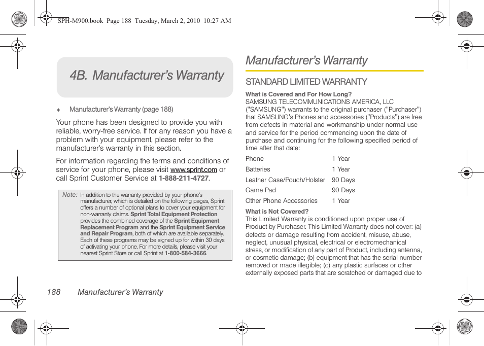 4b. manufacturer’s warranty, Manufacturer’s warranty, Standard limited warranty | Samsung SPH-M900ZKASPR User Manual | Page 200 / 218