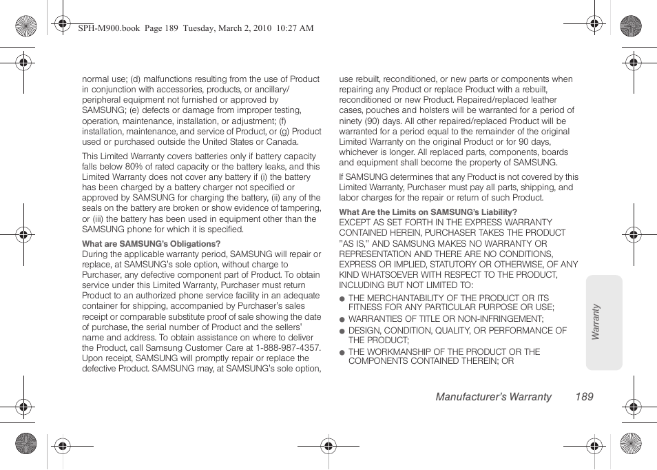 Manufacturer’s warranty 189 | Samsung SPH-M900ZKASPR User Manual | Page 201 / 218