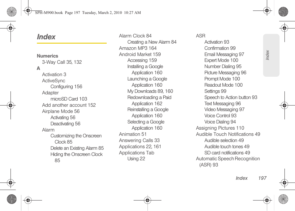 Index | Samsung SPH-M900ZKASPR User Manual | Page 209 / 218