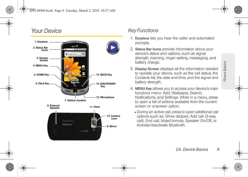 Your device, Key functions, 2a. device basics 9 | Samsung SPH-M900ZKASPR User Manual | Page 21 / 218