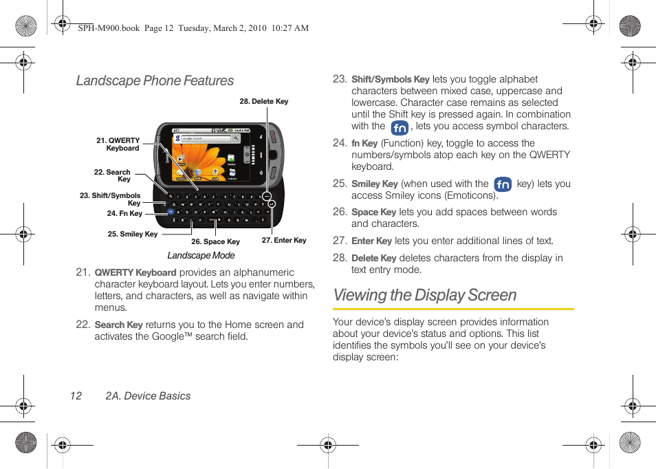 Landscape phone features, Viewing the display screen | Samsung SPH-M900ZKASPR User Manual | Page 24 / 218