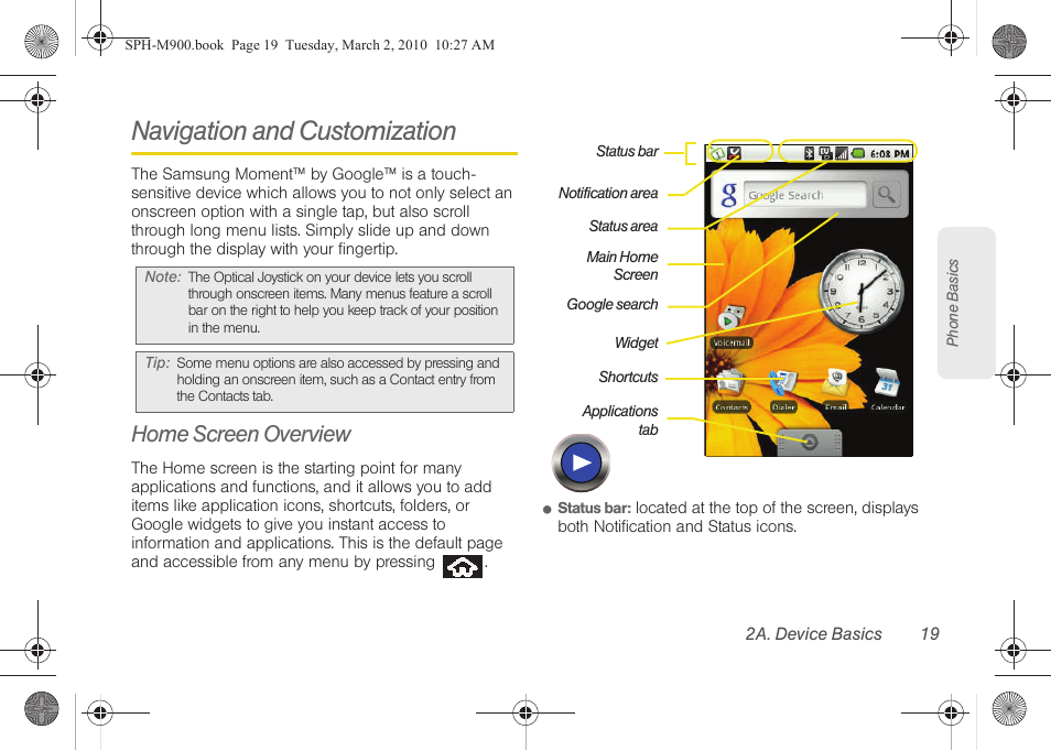 Navigation and customization, Home screen overview | Samsung SPH-M900ZKASPR User Manual | Page 31 / 218