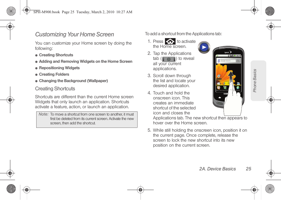 Customizing your home screen | Samsung SPH-M900ZKASPR User Manual | Page 37 / 218