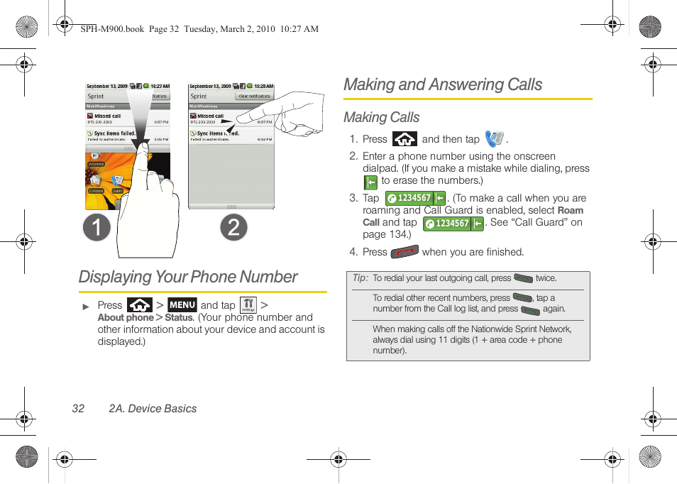 Displaying your phone number, Making and answering calls, Making calls | Samsung SPH-M900ZKASPR User Manual | Page 44 / 218