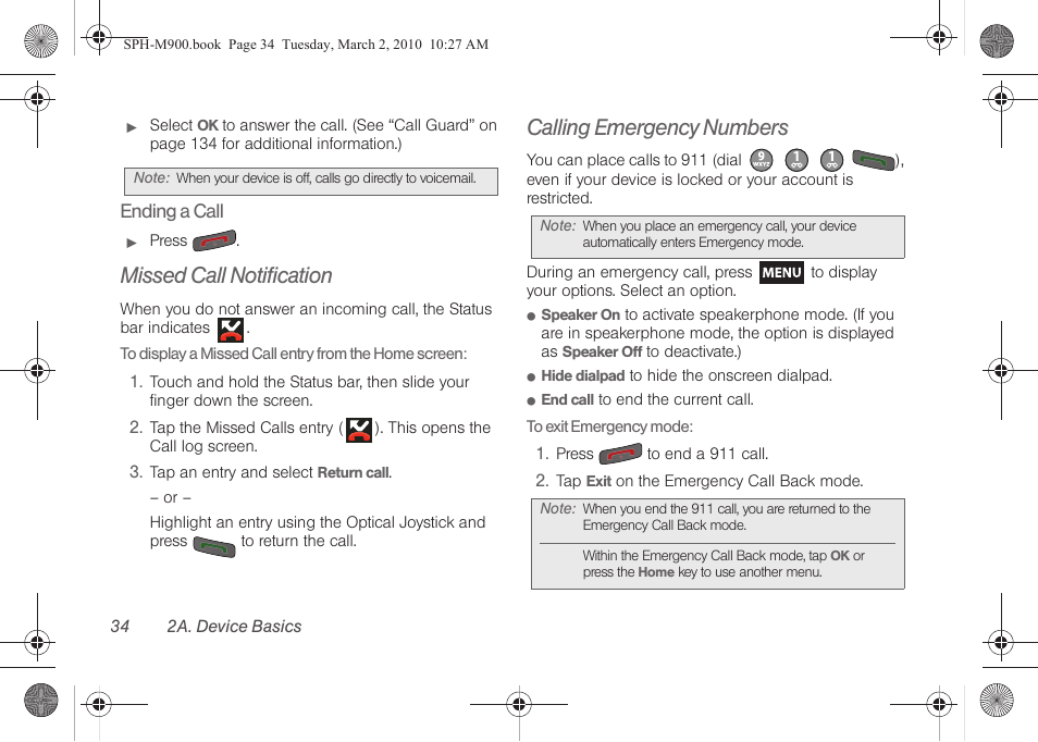 Missed call notification, Calling emergency numbers | Samsung SPH-M900ZKASPR User Manual | Page 46 / 218