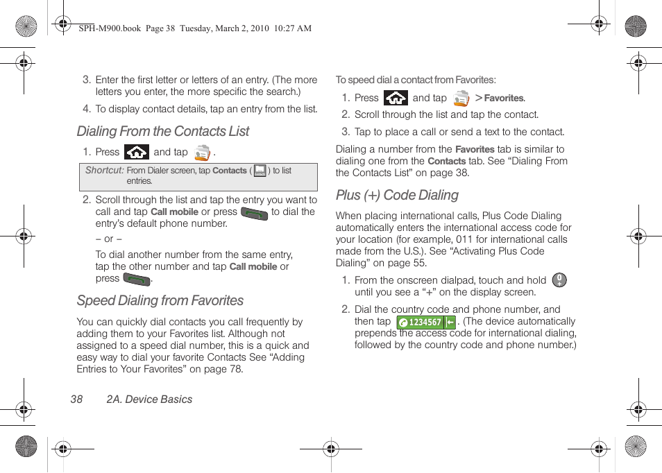 Dialing from the contacts list, Speed dialing from favorites, Plus (+) code dialing | Samsung SPH-M900ZKASPR User Manual | Page 50 / 218