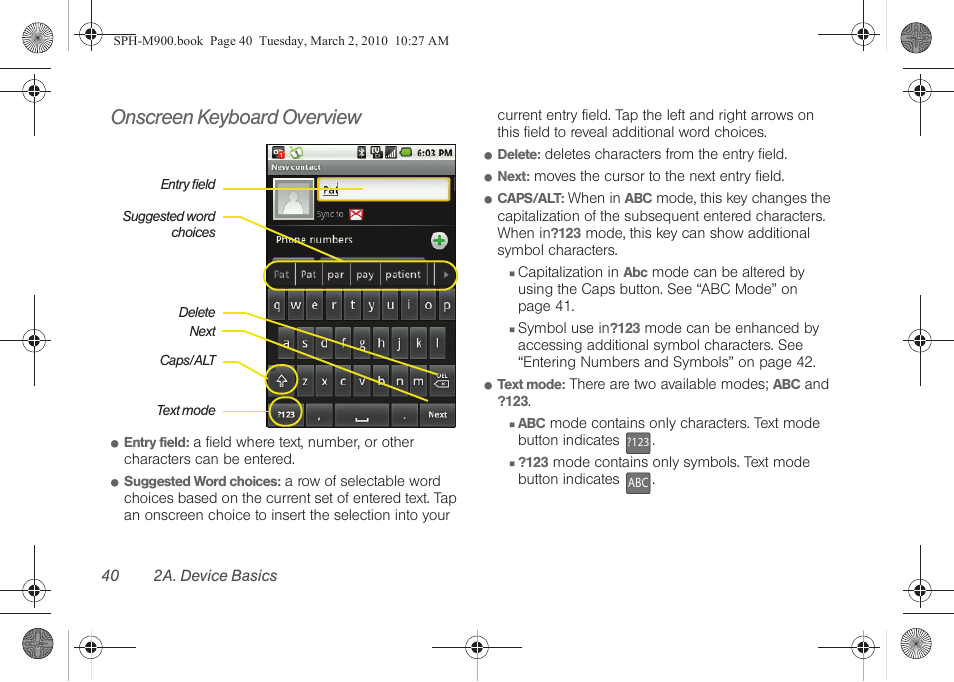 Onscreen keyboard overview | Samsung SPH-M900ZKASPR User Manual | Page 52 / 218