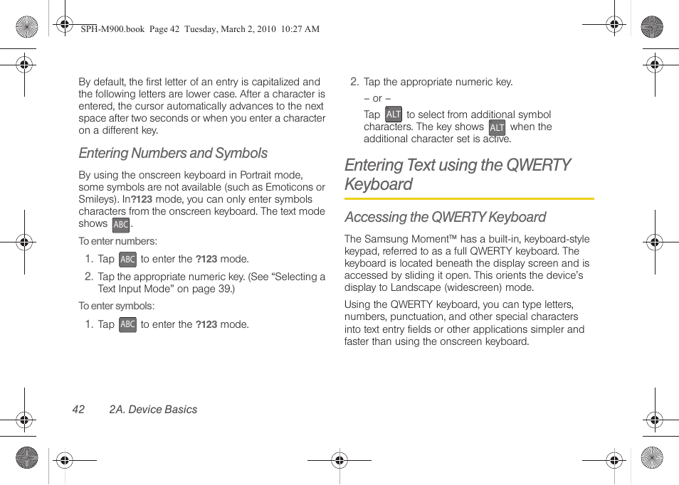 Entering numbers and symbols, Entering text using the qwerty keyboard, Accessing the qwerty keyboard | Samsung SPH-M900ZKASPR User Manual | Page 54 / 218