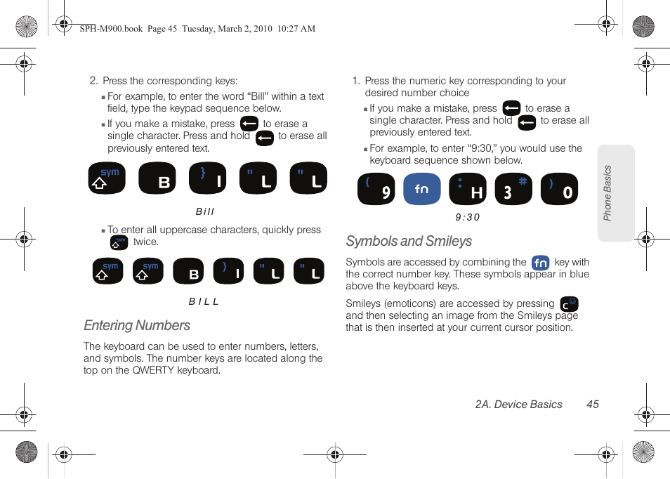 Entering numbers, Symbols and smileys | Samsung SPH-M900ZKASPR User Manual | Page 57 / 218