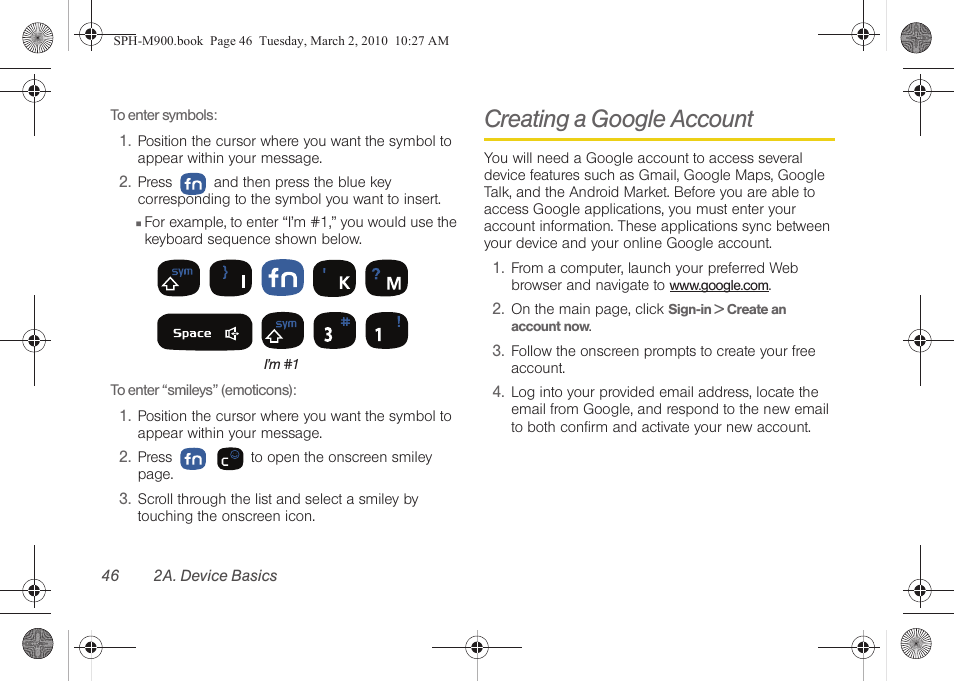 Creating a google account | Samsung SPH-M900ZKASPR User Manual | Page 58 / 218